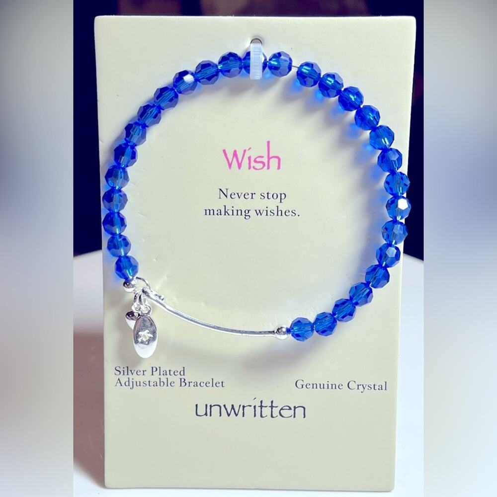 NEW Beaded 7.5" BANGLE BRACELET Silver Plate Genuine Crystal Blue Unwritten NWT